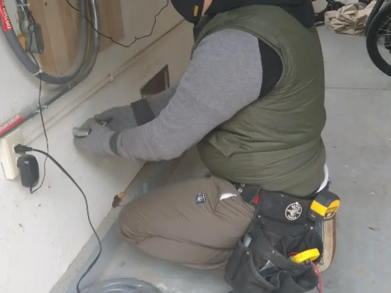 Electrician performing outlet wiring in a Middlesex garage